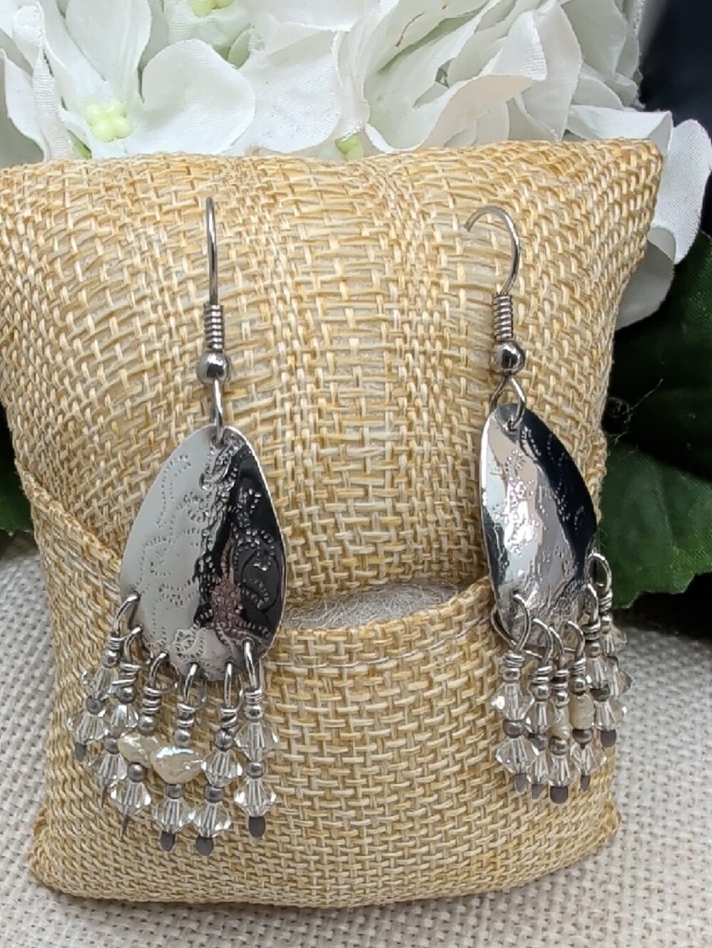Vintage Artisan Hammered Silver Chandelier Earrings Crystal Bead Fringe 2.5" - Picture 9 of 17